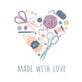 Made with love. Hobby tools in heart shape. Handmade Kit Icons Set Royalty Free Stock Photo
